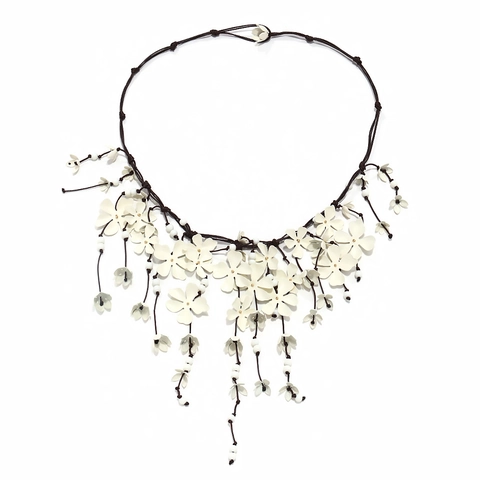 Collana Statement Fatta Mano Fiore Bianco Perline Resina Corda Intrecciata Marrone Boho Nappa Frangia Lunga Donna
