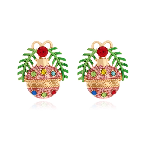 Christmas Ball Stud Earrings Alloy Pink Glitter Colorful Rhinestones Enamel Pine Needle Holiday Jewelry For Women Cute