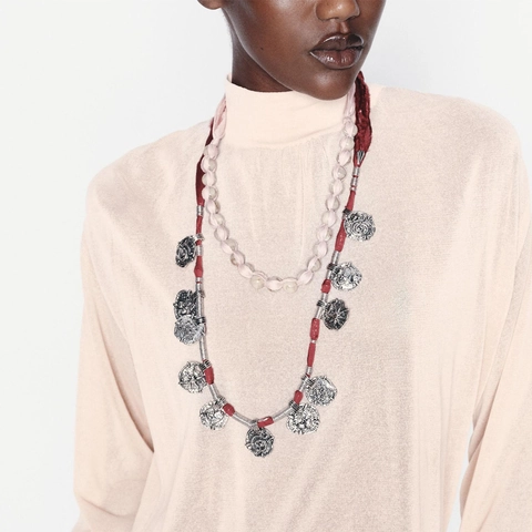 Collana Multistrato Vintage Bohemien Da Donna Con Ciondoli Moneta In Lega Portafortuna Fiocco In Nastro Di Raso E Perle A Righe