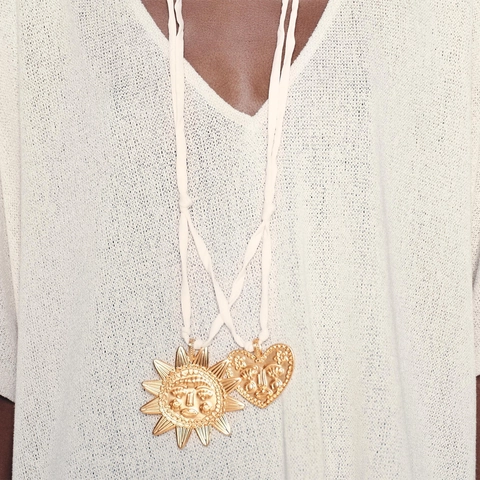Collana Pendente Boho Vintage Nastro Tessuto Cordino Lungo Cuore Sole Viso Antropomorfo Lega Gioielli Moda Donne