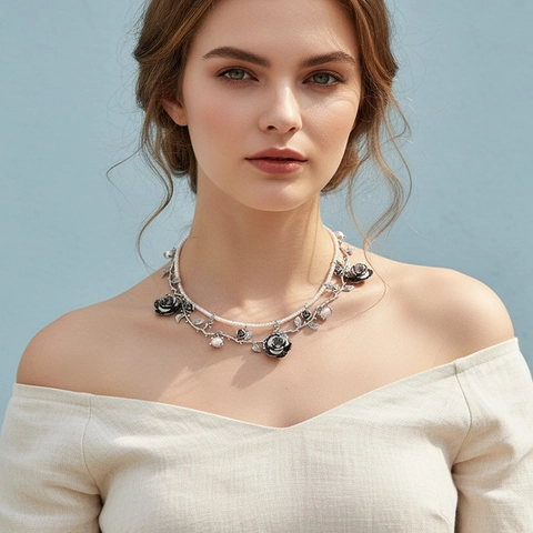 Vintage Mehrlagige Künstliche Perlenhalskette Mit Legierung Rosenblüte Rebe Gothik Romantischer Schmuck Für Frauen Elegant