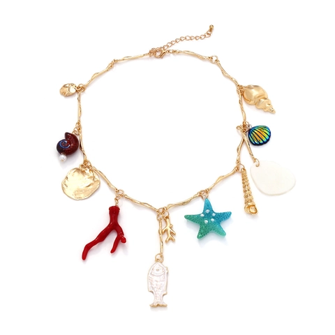 Ocean Theme Multicolored Pendant Necklace With Zinc Alloy And Resin Starfish Coral Shell Fish Charms Summer Vacation Women