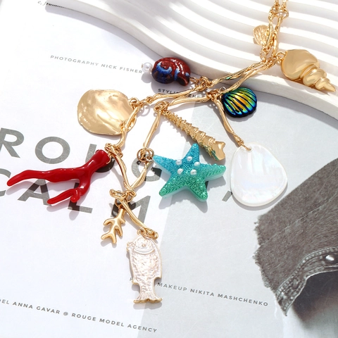 Ocean Theme Multicolored Pendant Necklace With Zinc Alloy And Resin Starfish Coral Shell Fish Charms Summer Vacation Women