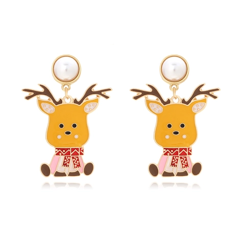 Christmas Reindeer Drop Earrings Alloy Colorful Enamel Cartoon Moose With Imitation Artificial Pearl Holiday Party Jewelry For Women