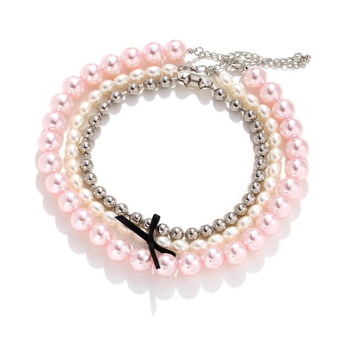Meerlaagse Ketting Met Imitatieparel Hars IJzeren Kralen En Satijnn Strik Elegante Mode-Sieraden Voor Vrouwen