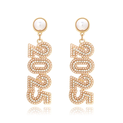2025 Jahr Nummer Ohrhänger Gold Legierung Kunstperle Strass Drop Schmuck Neujahrsfeier Party Für Damen