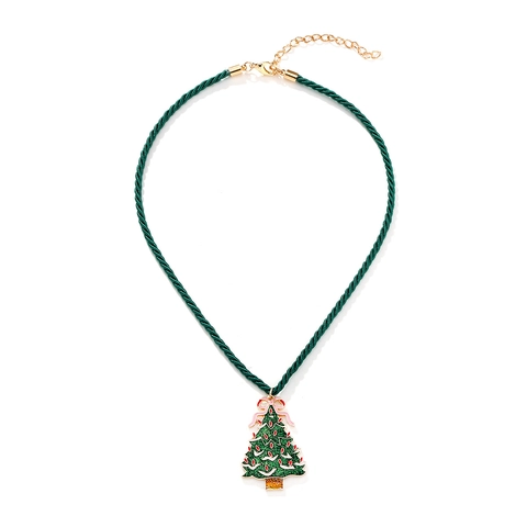 Collar Con Colgante De Árbol De Navidad Aleación De Zinc Lazo Rosa Esmalte Cuerda Trenzada Verde Joyería Festiva Para Mujeres