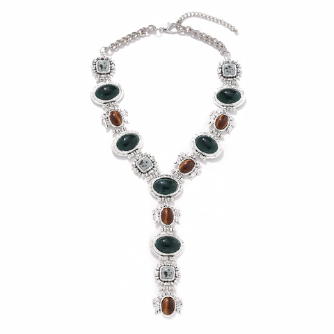 Boho Long Pendant Necklace Vintage Silver Alloy Multi Color Resin Stone Geometric Irregular Jewelry For Women