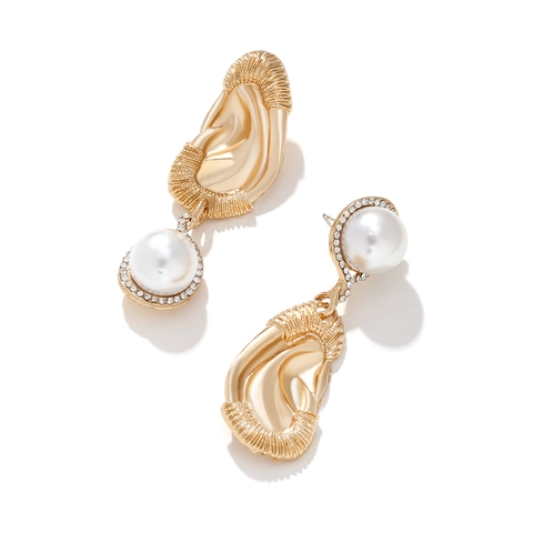 Asymmetrical Dangle Drop Earrings Zinc Alloy Imitation Artificial Pearl Rhinestone Geometric Ear Shaped Gold Tone Vintage Elegant
