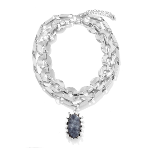 Collana Multistrato Retrò Lega Zinco Ferro Resina Ciondolo Ovale Texture Marmo Grigio Catena Geometrica Martellata Gioiello Donna