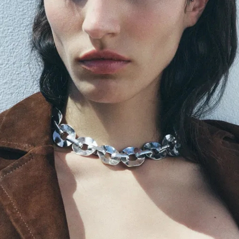 Collana Multistrato Retrò Lega Zinco Ferro Resina Ciondolo Ovale Texture Marmo Grigio Catena Geometrica Martellata Gioiello Donna