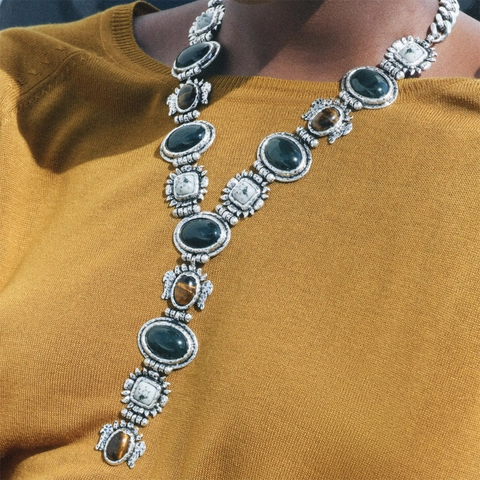 Boho Long Pendant Necklace Vintage Silver Alloy Multi Color Resin Stone Geometric Irregular Jewelry For Women