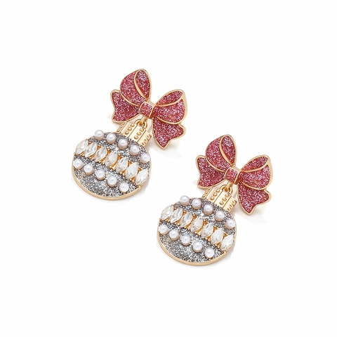 Orecchini a Goccia con Fiocco Natalizio e Palla Rotonda in Lega con Strass e Künstliche Perle Sintetiche Orecchini Pendenti per Feste Rosso Verde Oro Argento