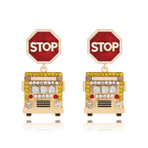 Creative School Bus Drop Earrings With Stop Sign Alloy Yellow Red Rhinestone Enamel Novelty Jewelry For Women