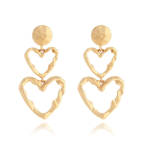 Vintage Layered Double Heart Drop Earrings For Women Gold Plated Zinc Alloy Hammered Texture Hollow Irregular Design