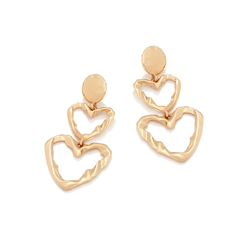 Vintage Layered Double Heart Drop Earrings For Women Gold Plated Zinc Alloy Hammered Texture Hollow Irregular Design