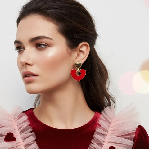 Heart Drop Earrings Enamel Double Layer Hollow Zinc Alloy Jewelry With Stainless Steel Earring Post For Women Fashion