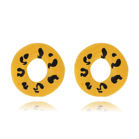 Yellow Leopard Print Round Alloy Stud Earrings With Drip Oil Enamel Finish Geometric Fashion Statement For Women
