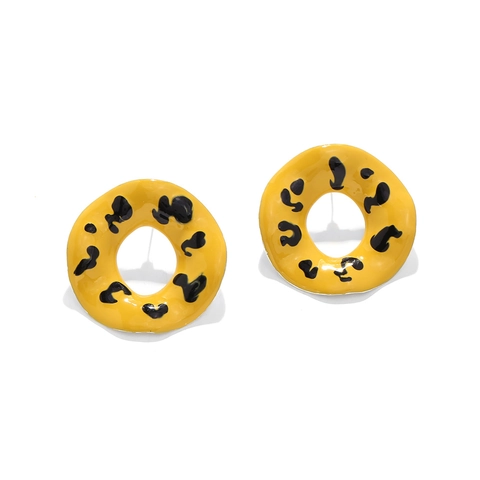 Yellow Leopard Print Round Alloy Stud Earrings With Drip Oil Enamel Finish Geometric Fashion Statement For Women