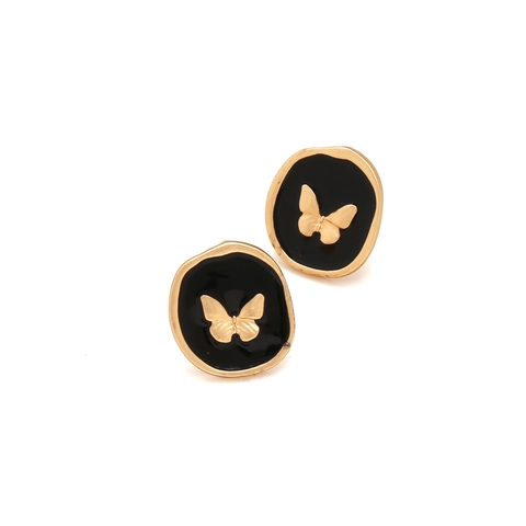 Vintage Schmetterling Ohrstecker Unregelmäßig Oval Schwarz Emaille Vergoldete Legierung Insektenschmuck Für Damen