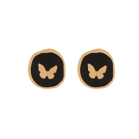 Vintage Schmetterling Ohrstecker Unregelmäßig Oval Schwarz Emaille Vergoldete Legierung Insektenschmuck Für Damen