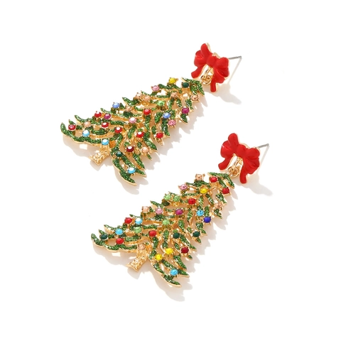 Christmas Tree Drop Earrings Alloy Rhinestone Red Bow Enamel Holiday Festive Jewelry For Women