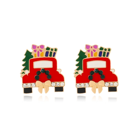 Red Vintage Truck Stud Earrings Alloy Enamel Rhinestone Christmas Tree Gift Box Festive Jewelry For Women Novelty