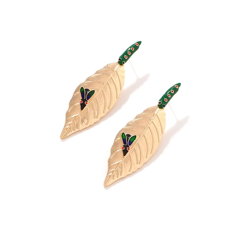 Boucles D'Oreilles Pendantes En Feuille Avec Motif Insecte En Émail Coloré Alliage De Zinc Doré Mat Pour Femmes