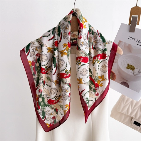Élégant Foulard Carré Satin Fausse Satin Imprimé Plume Plante Tropicale Rétro Accessoire Cheveux Cou Mode Versatile Pour Femmes