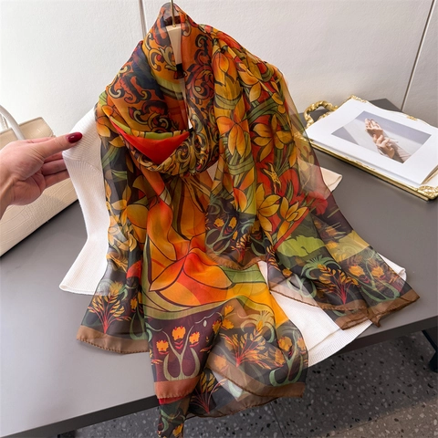 Women Large Floral Scarf Shawl Lightweight Polyester Gauze Vintage Chinese Print Sunscreen Wrap Travel Accessory