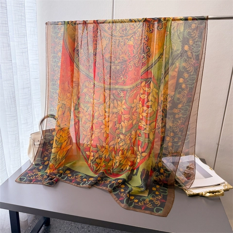 Women Large Floral Scarf Shawl Lightweight Polyester Gauze Vintage Chinese Print Sunscreen Wrap Travel Accessory