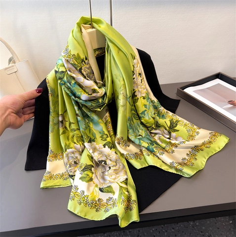 Sciarpa Lunga Con Stampa Floreale Donna Raso Simil Raso Peonia Scialle Elegante Retrò Protezione Solare Accessorio Moda