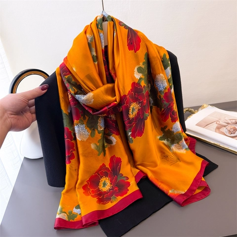 Floral Printed Scarf Shawl Long Satin Polyester Sun Protection Lightweight Elegant Women Versatile Wraps Headscarf