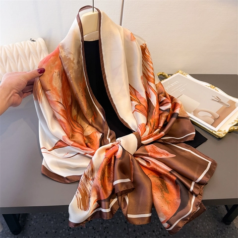 Elegant Abstract Floral Scarf Large Satin Polyester Shawl Lightweight Sun Protection Beach Wrap Headscarf For Women