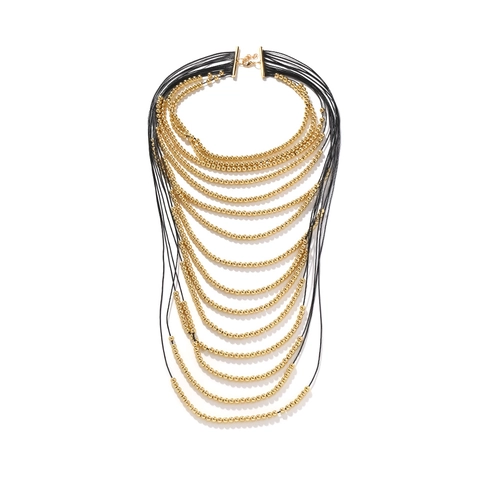 Statement Meerlaagse Waterval Halsketting Gouden Metalen Kralen Zwart Waskoord Handgemaakte Boho Franje Sieraden Voor Dames