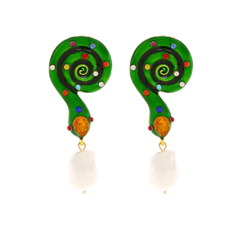 Pendientes De Gota De Serpiente Vintage Con Perla Barroca Artificial Aleación Esmalte Diamantes De Imitación Coloridos Poste De Acero Inoxidable