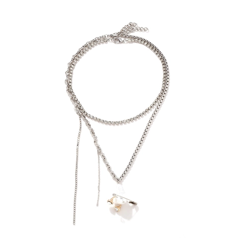 Collier Multirang Alliage Strass Chaîne Tennis Grosse Maille Avec Épingle À Nourrice Et Pendentif Künstliche Perle Baroque Style Punk