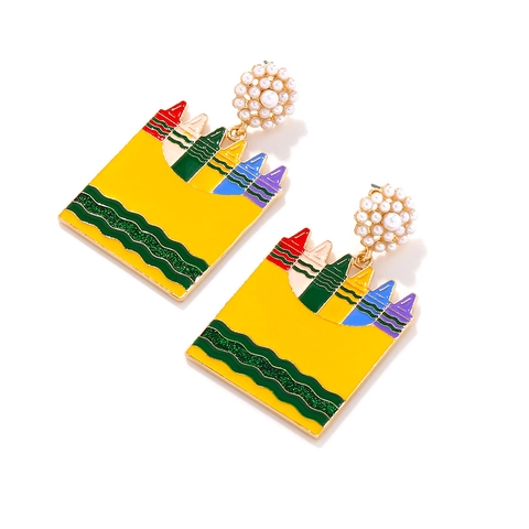 Bunte Buntstiftbox Ohrhänger Legierung Emaille Schmuck Künstliche Perlen Akzente Süßes Back To School Modeaccessoire
