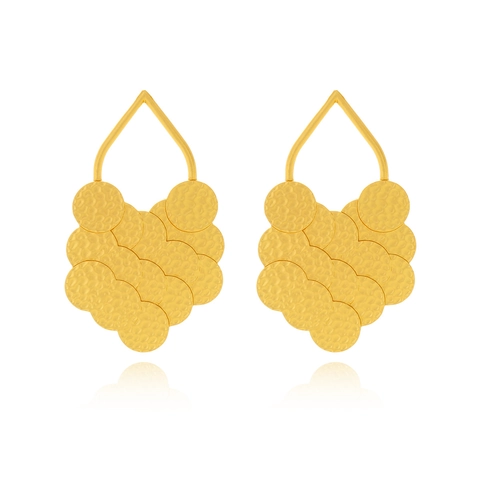 Zinc Alloy Hammered Layered Circular Discs Leaf Statement Drop Earrings With Stainless Steel Earring Post Gold Plated