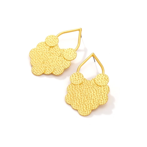 Zinc Alloy Hammered Layered Circular Discs Leaf Statement Drop Earrings With Stainless Steel Earring Post Gold Plated