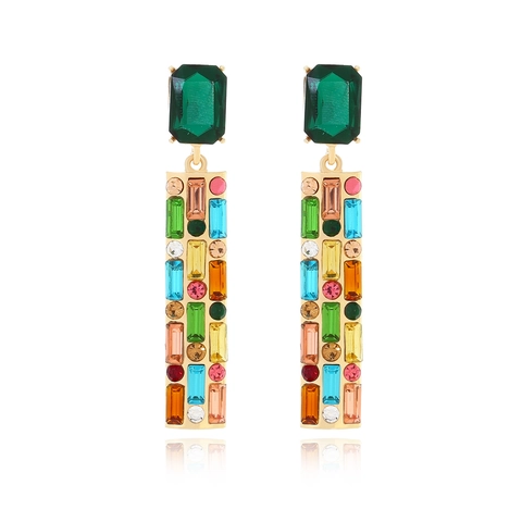 Kleurrijke Strass Lange Hangende Oorbellen Vintage Geometrische Glas Sieraden Met Roestvrijstalen Oorsteker