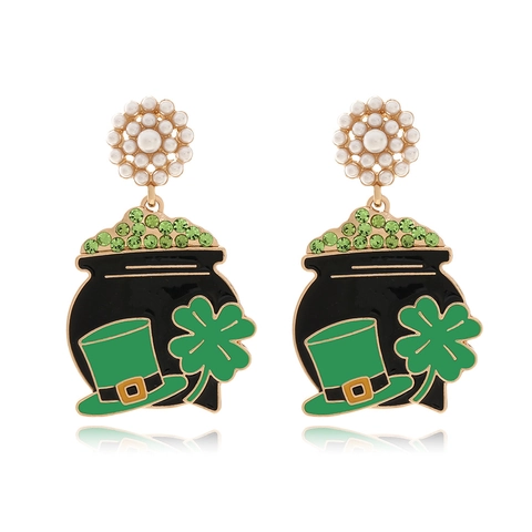 Pendientes Caldero Trébol Esmalte San Patricio Con Racimo Perlas Artificiales Y Cristales Verdes Poste De Acero Inoxidable