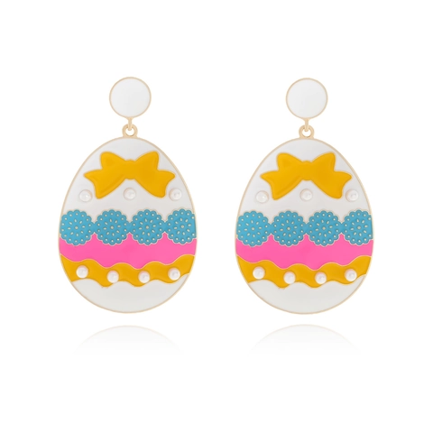 Easter Egg Drop Earrings With Bowknot Colorful Enamel Alloy And Imitation Artificial Pearl Festive Jewelry For Women