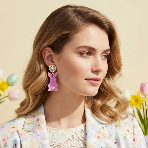 Boucles D'Oreilles Pendantes Lapin En Émail Rosa Avec Künstliche Perles D'Imitation Et Tige En Acier Inoxydable Pour Femmes