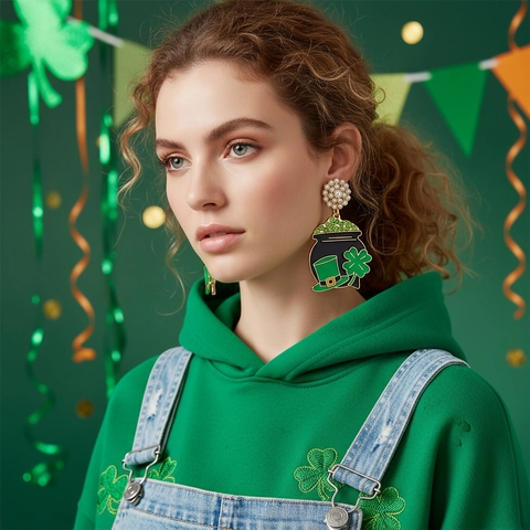 Pendientes Caldero Trébol Esmalte San Patricio Con Racimo Perlas Artificiales Y Cristales Verdes Poste De Acero Inoxidable