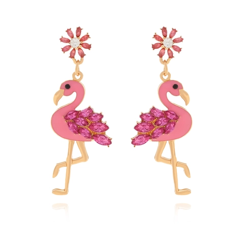 Pink Flamingo Drop Earrings For Women Flower Stud Alloy Enamel And Rhinestone Long Dangle Summer Tropical Animal Jewelry