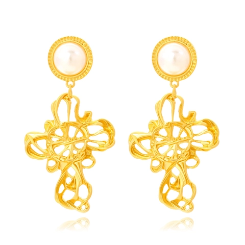Baroque Vintage Court Style Hollow Out Cross Dangle Earrings With Resin Artificial Pearl Zinc Alloy Gold Tone For Women Elegant
