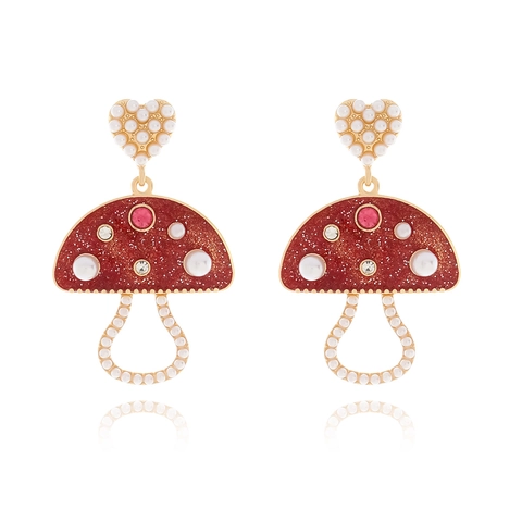 Pilz Hängeohrringe Herzstecker Künstliche Perle Rot Emaille Glitzer Mode Schmuck Für Damen