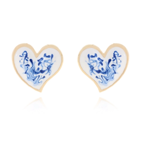 Heart Stud Earrings Alloy Enamel Blue White Porcelain Pattern Retro Elegant Jewelry For Women