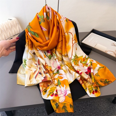 Floraler Print Schal Satinnimitat Schal Elegantes Magnolienmuster Lang Leicht Sonnenschutz Für Damen